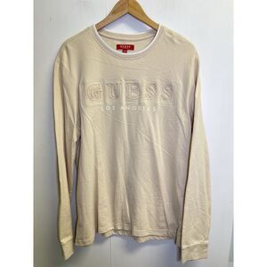 GUESS Los Angeles Size L Beige Pullover Sweater Embossed Big Logo‎ Long Sleeve